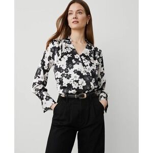 Ann Taylor Wrap‎ Bodysuit Womens M Black Floral Silky Stretch  Work Office NWT